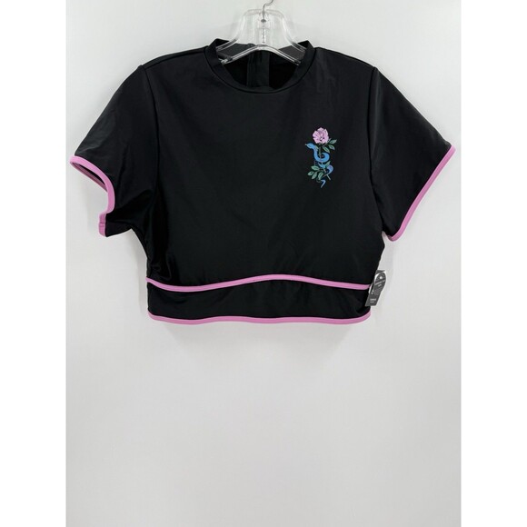 NEW TAGS Torrid Active Size 0 Black Snake Rose Wireless Cropped Piping Rashguard - Picture 8 of 12